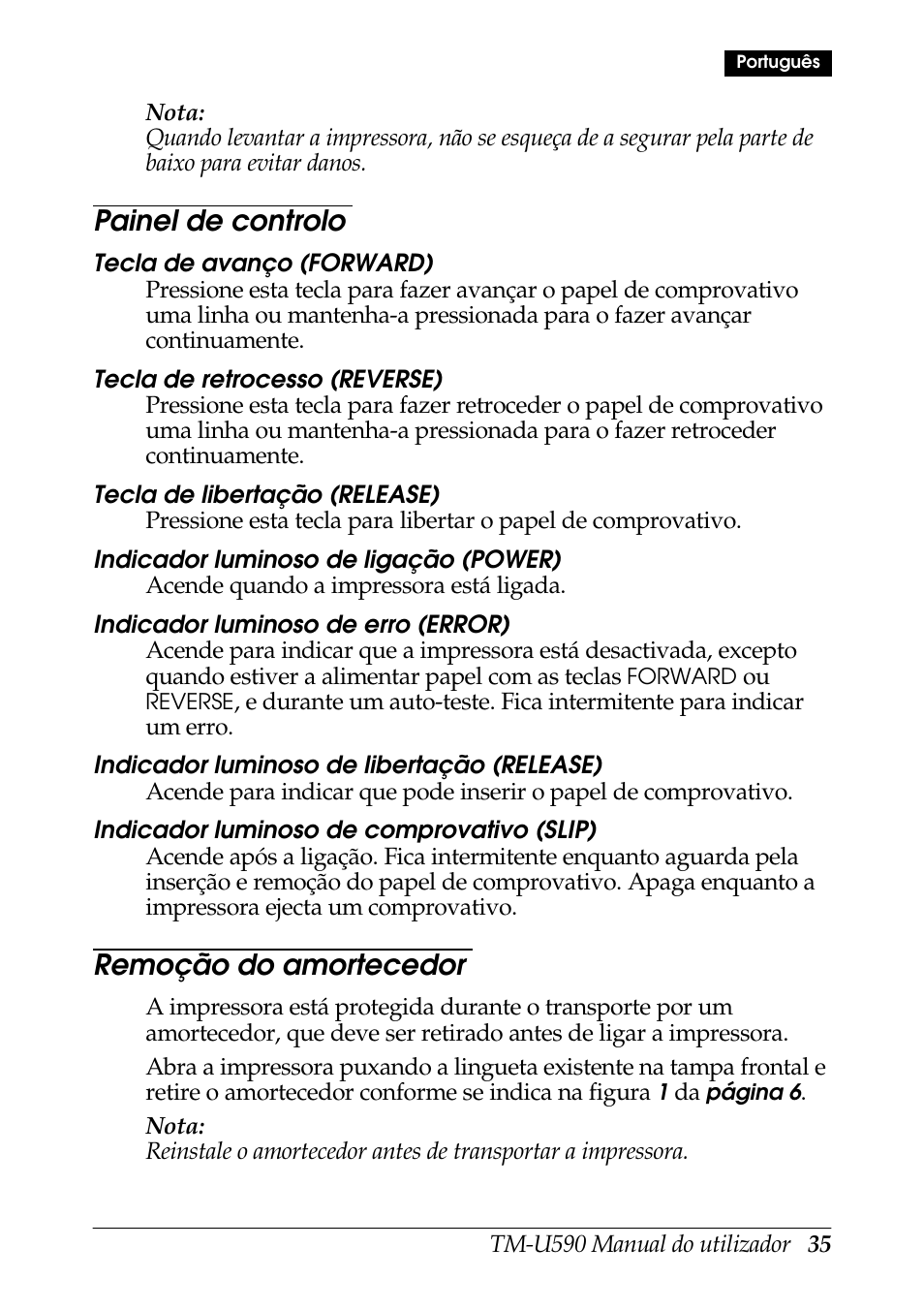 Painel de controlo, Remoção do amortecedor | Rice Lake EPSON TM-U590 User Manual | Page 35 / 56