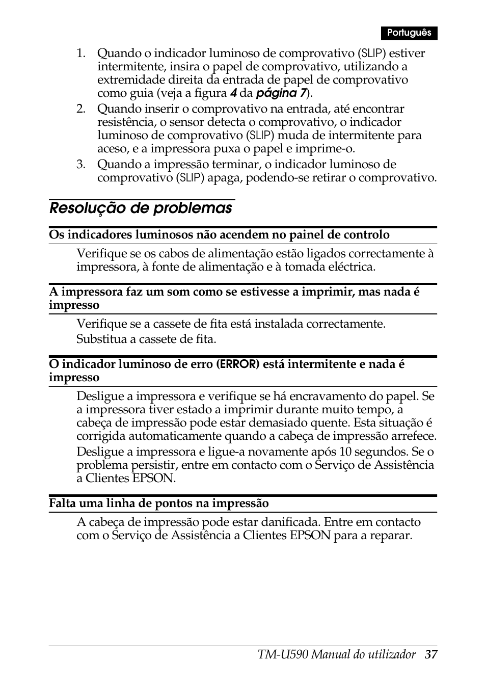 Resolução de problemas | Rice Lake EPSON TM-U590 User Manual | Page 37 / 56