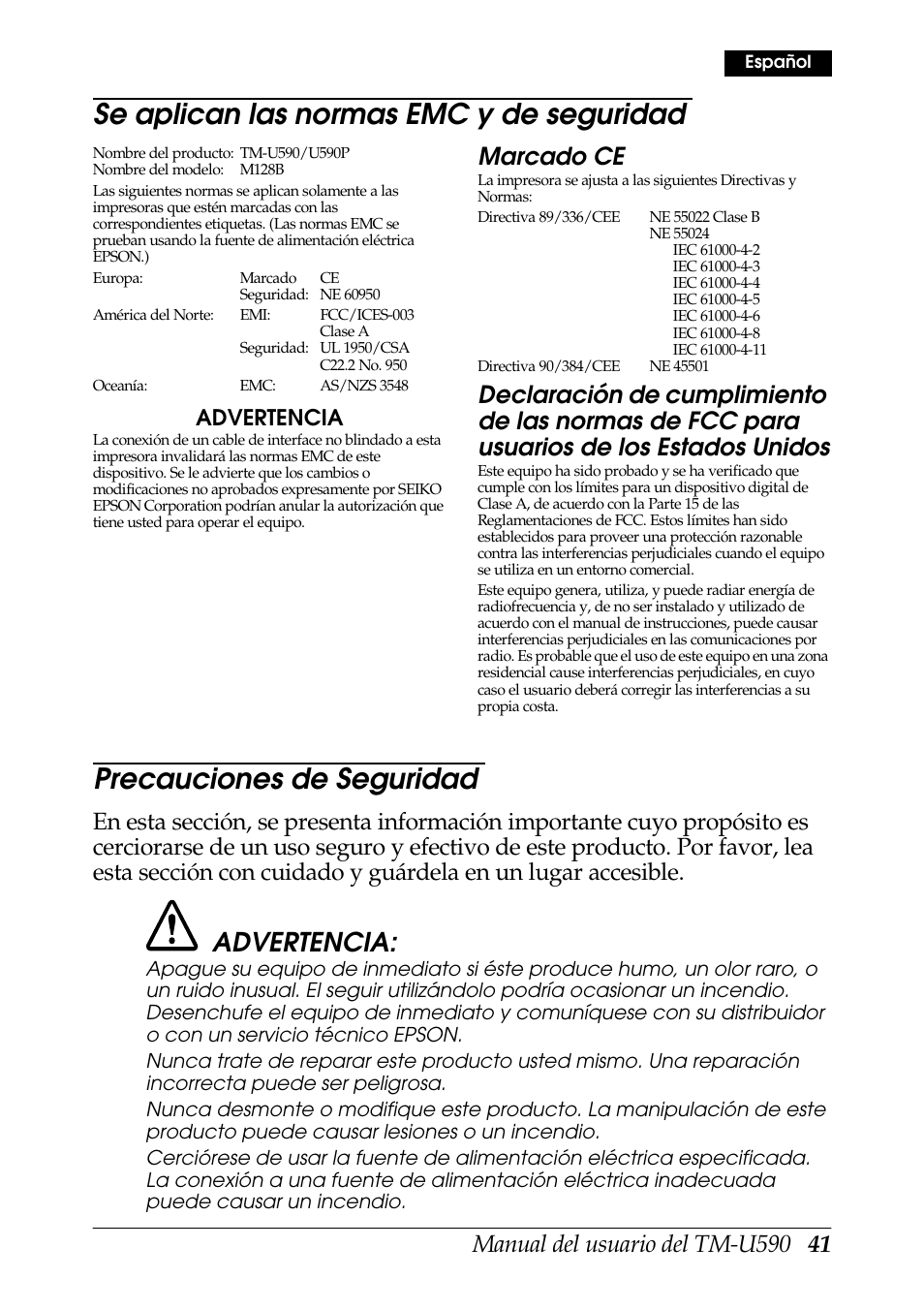 Se aplican las normas emc y de seguridad, Precauciones de seguridad, Marcado ce | Advertencia | Rice Lake EPSON TM-U590 User Manual | Page 41 / 56