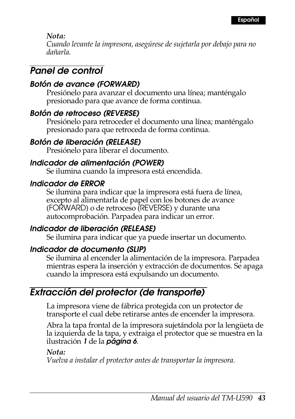 Panel de control, Extracción del protector (de transporte) | Rice Lake EPSON TM-U590 User Manual | Page 43 / 56