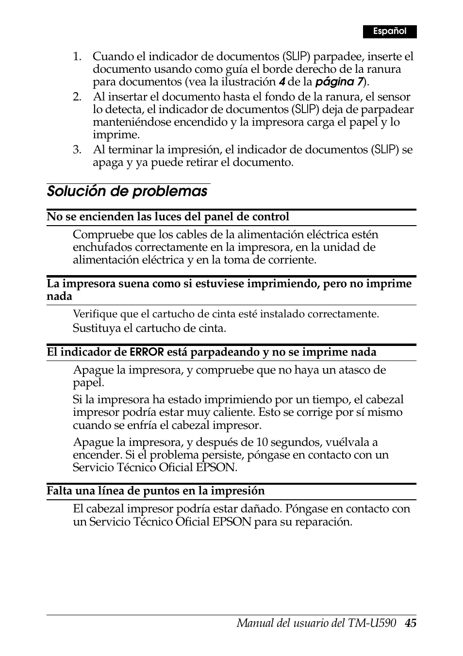 Solución de problemas | Rice Lake EPSON TM-U590 User Manual | Page 45 / 56