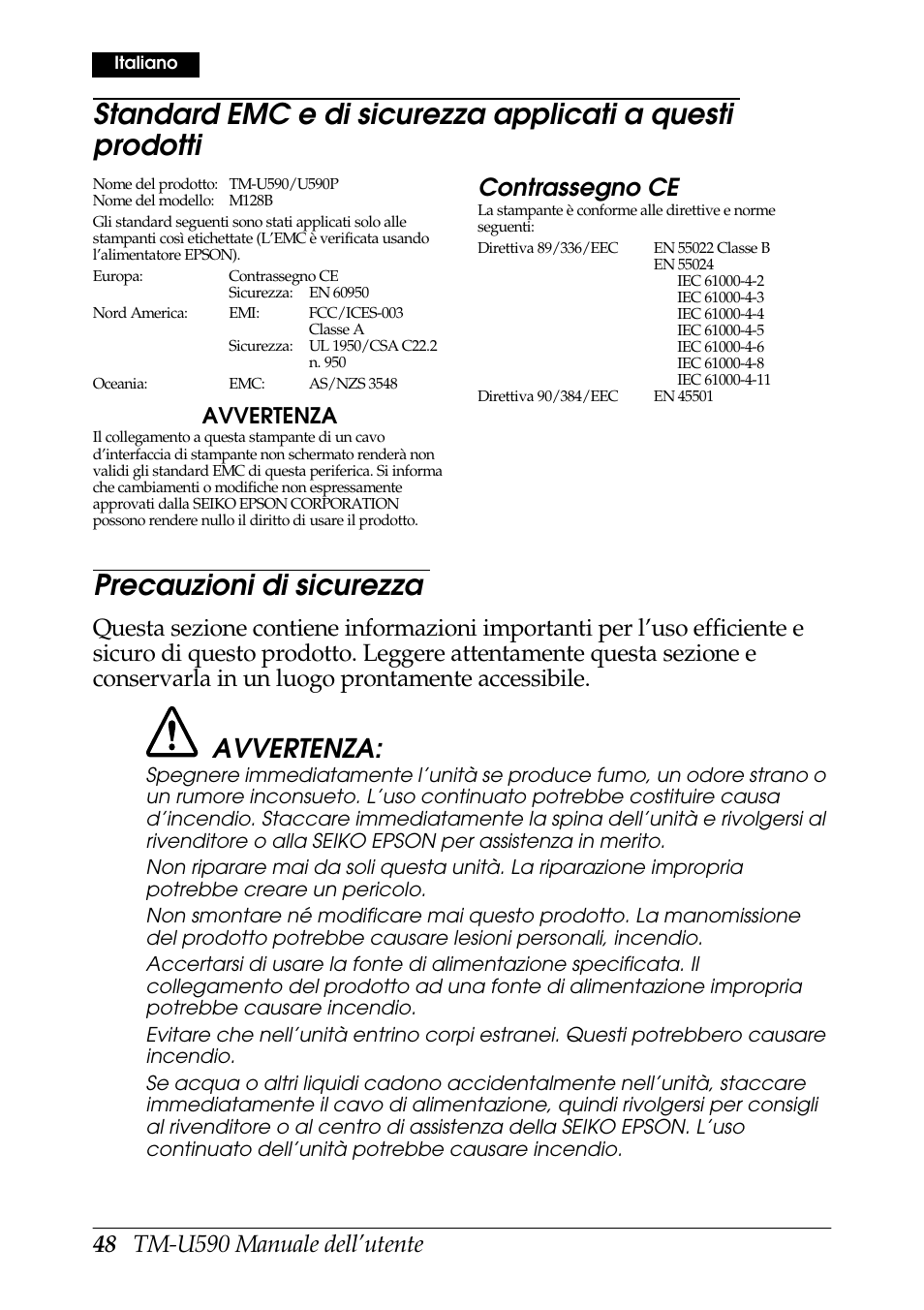 Precauzioni di sicurezza, Contrassegno ce, Avvertenza | Rice Lake EPSON TM-U590 User Manual | Page 48 / 56
