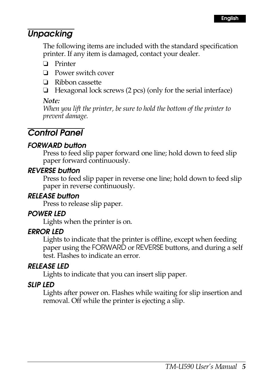 Unpacking, Control panel | Rice Lake EPSON TM-U590 User Manual | Page 5 / 56
