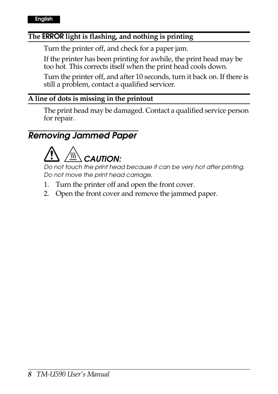 Removing jammed paper | Rice Lake EPSON TM-U590 User Manual | Page 8 / 56
