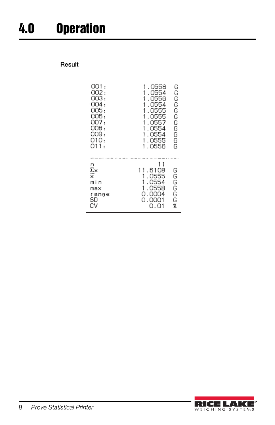 0 operation, Operation | Rice Lake Prove Statistical Printer User Manual | Page 12 / 20