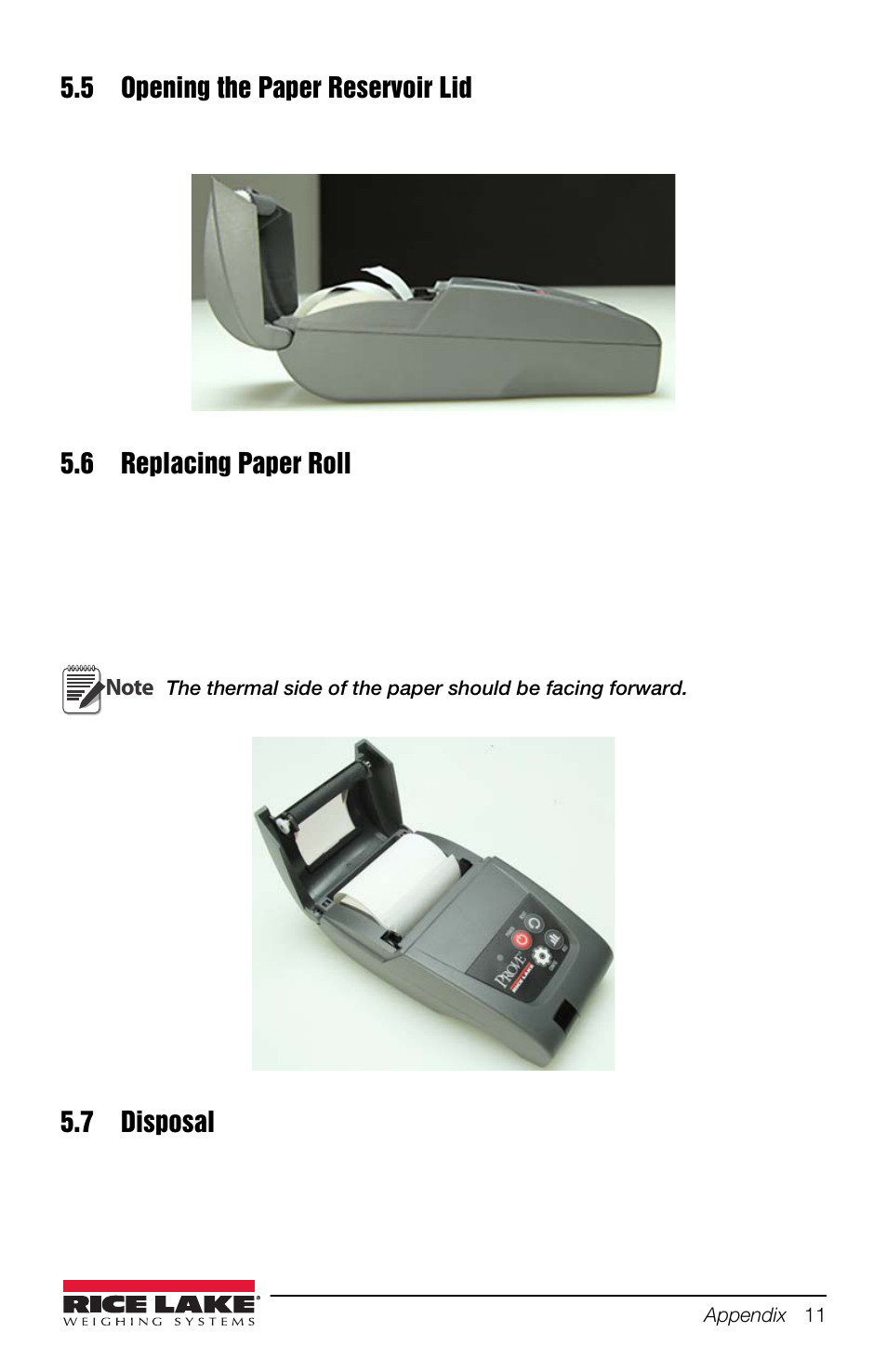 5 opening the paper reservoir lid, 6 replacing paper roll, 7 disposal | Rice Lake Prove Statistical Printer User Manual | Page 15 / 20