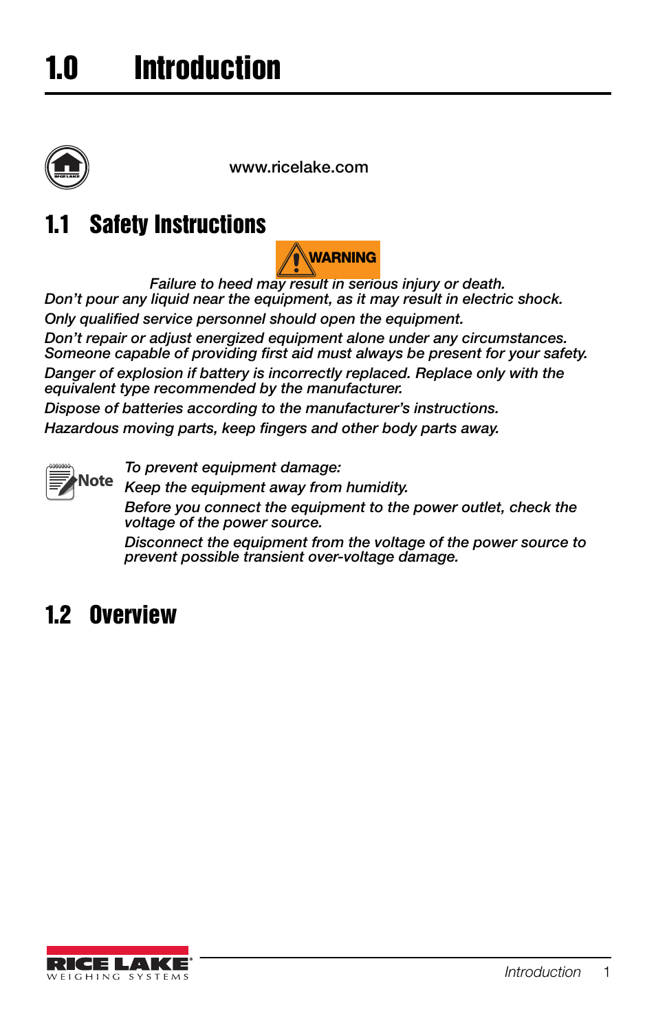 0 introduction, 1 safety instructions, 2 overview | Introduction, 1 safety instructions 1.2 overview | Rice Lake Prove Statistical Printer User Manual | Page 5 / 20