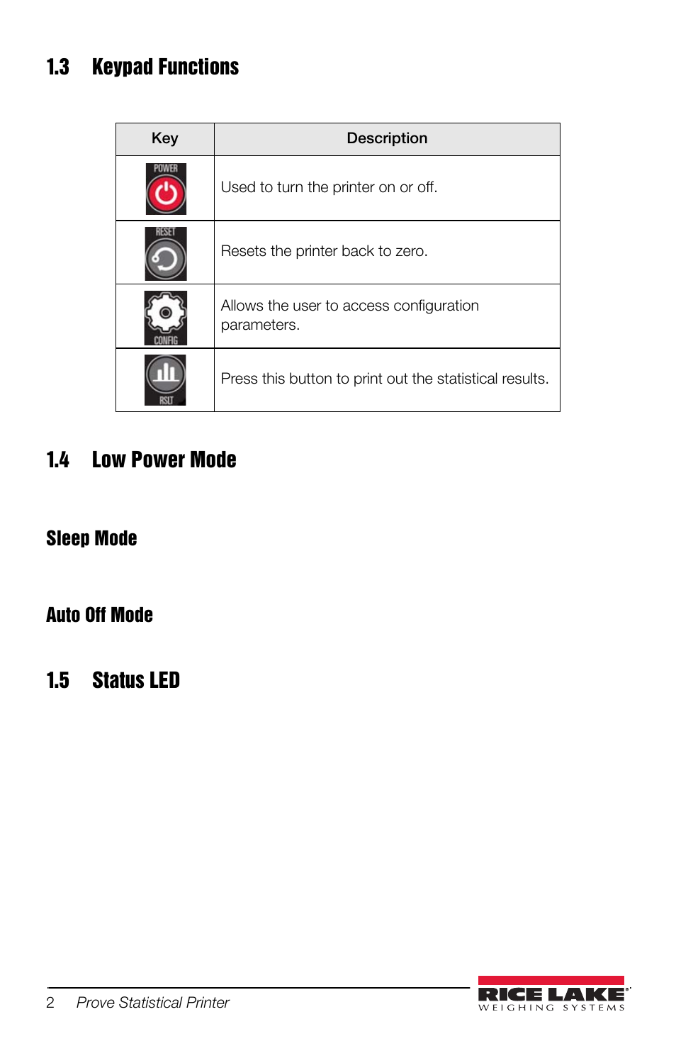 3 keypad functions, 4 low power mode, 5 status led | Rice Lake Prove Statistical Printer User Manual | Page 6 / 20