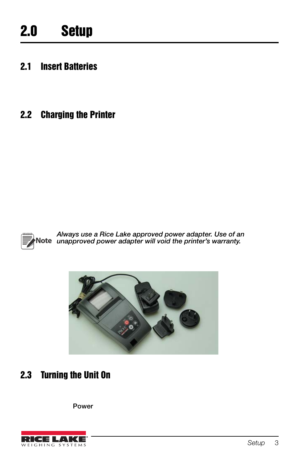 0 setup, 1 insert batteries, 2 charging the printer | 3 turning the unit on, Setup | Rice Lake Prove Statistical Printer User Manual | Page 7 / 20