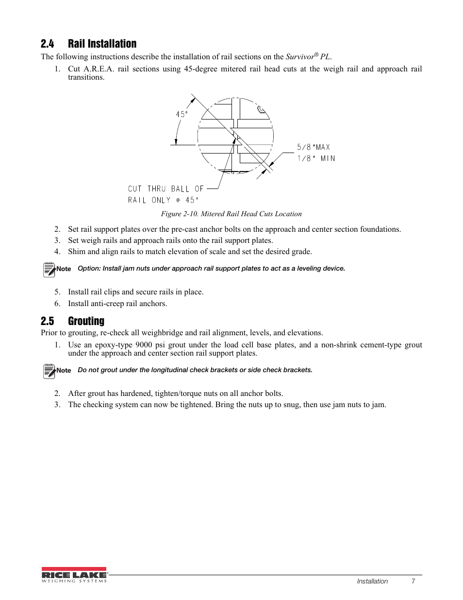 4 rail installation, 5 grouting, 4 rail installation 2.5 grouting | Rice Lake SURVIVOR PL Rail Scale User Manual | Page 11 / 18