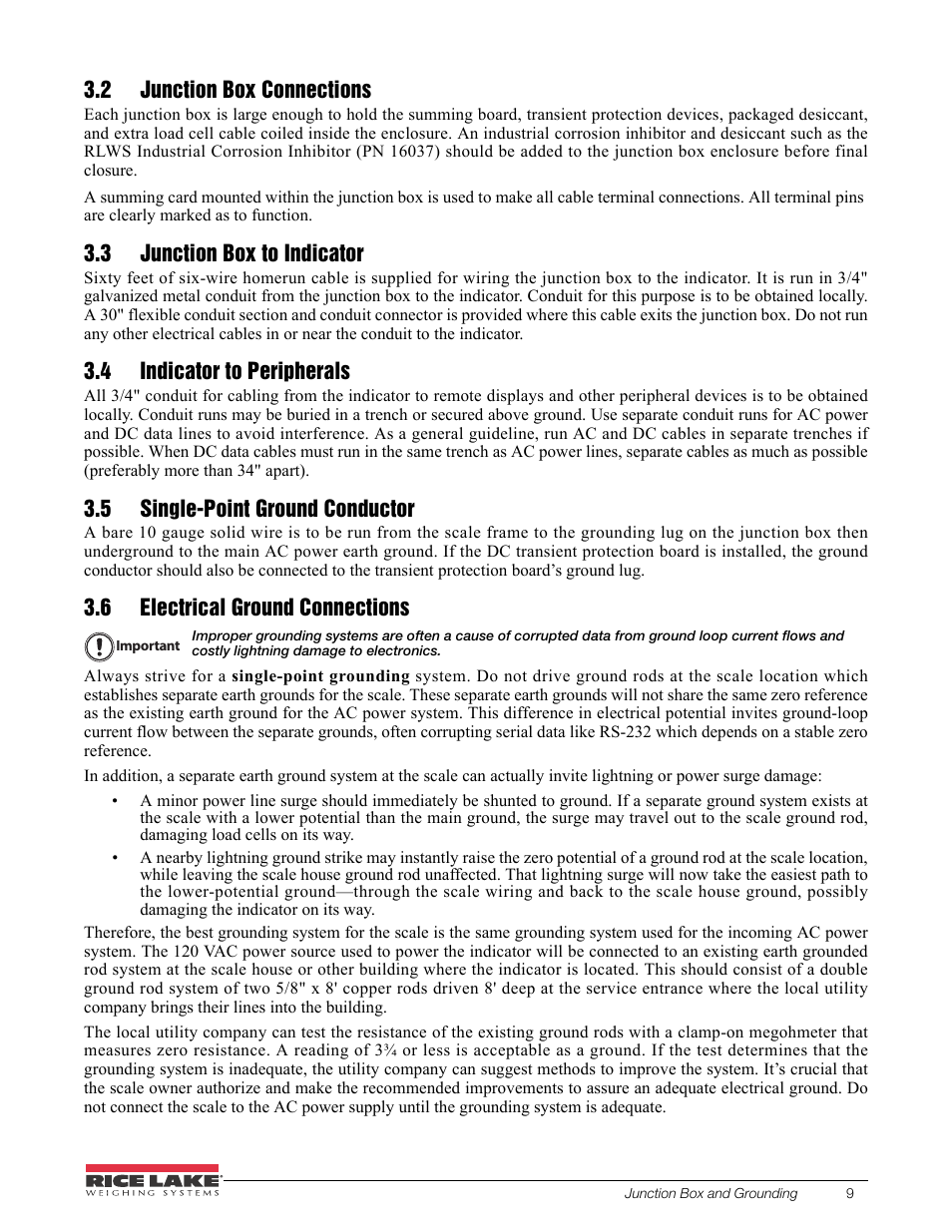 2 junction box connections, 3 junction box to indicator, 4 indicator to peripherals | 5 single-point ground conductor, 6 electrical ground connections | Rice Lake SURVIVOR PL Rail Scale User Manual | Page 13 / 18
