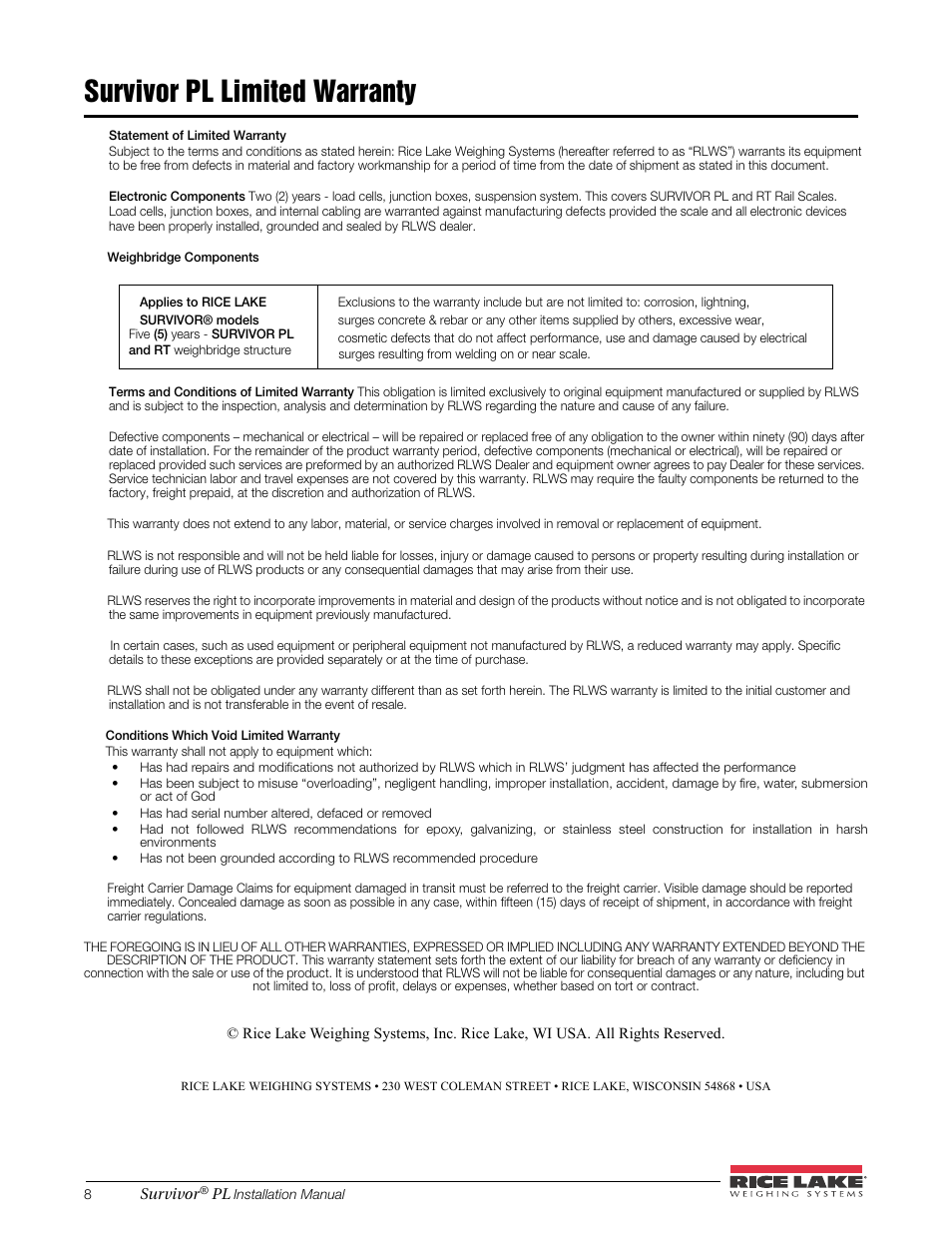 Survivor pl limited warranty | Rice Lake SURVIVOR PL Rail Scale User Manual | Page 16 / 18