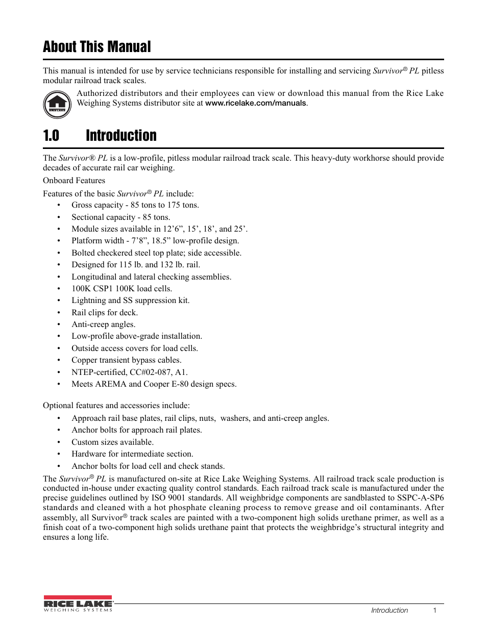 About this manual, 0 introduction, About this manual 1.0 | Introduction | Rice Lake SURVIVOR PL Rail Scale User Manual | Page 5 / 18