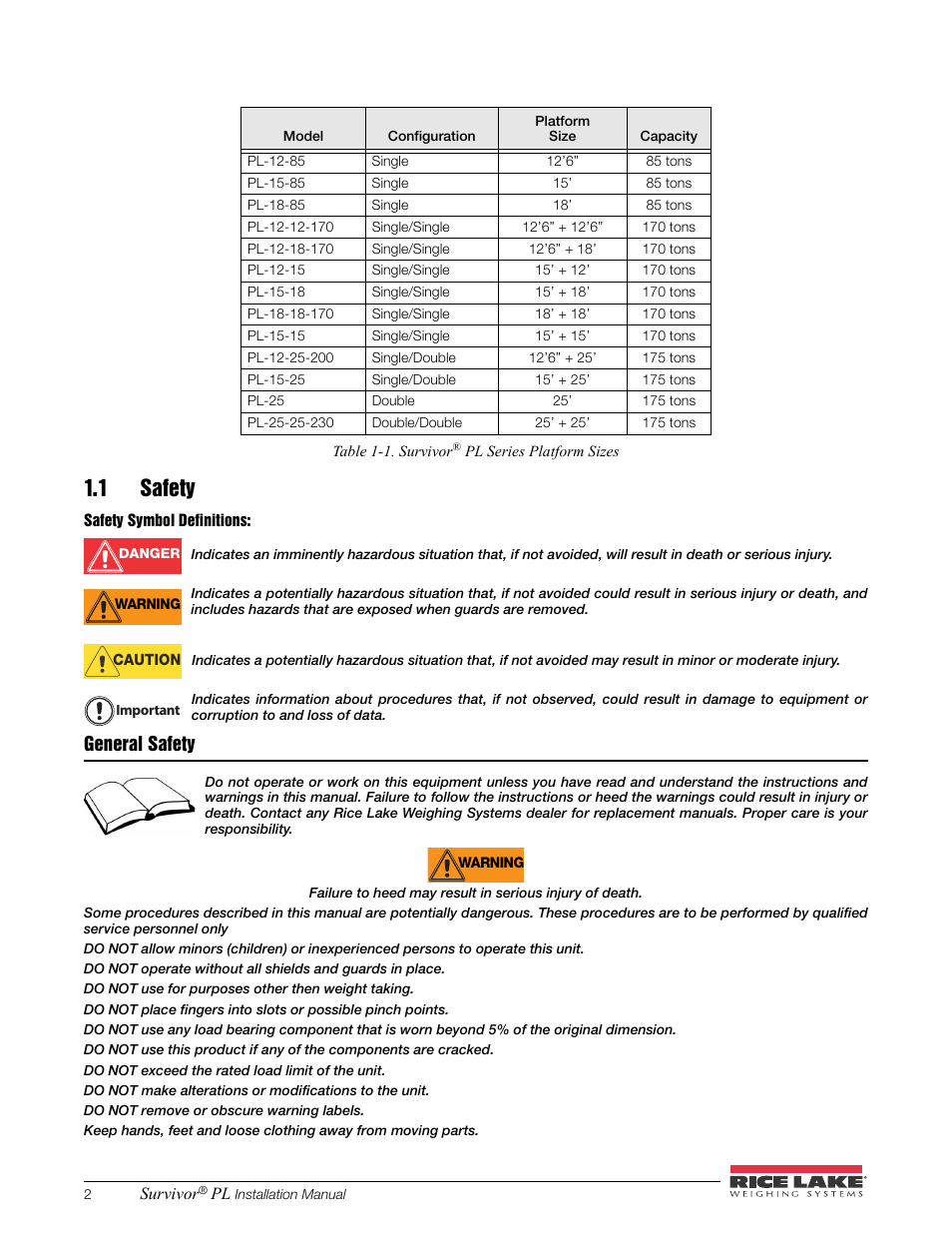 1 safety, General safety | Rice Lake SURVIVOR PL Rail Scale User Manual | Page 6 / 18