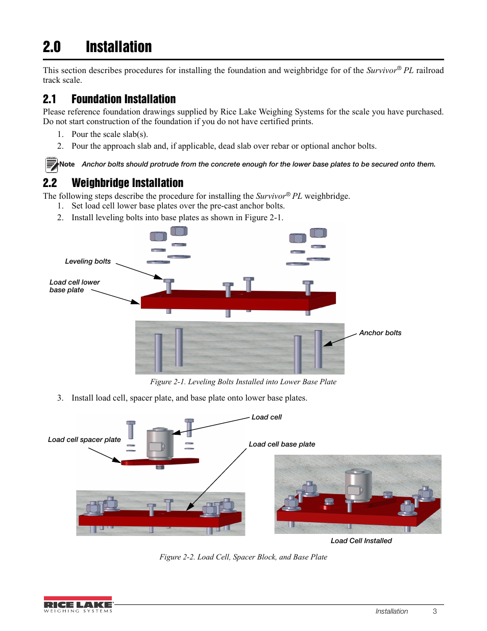 0 installation, 1 foundation installation, 2 weighbridge installation | Installation | Rice Lake SURVIVOR PL Rail Scale User Manual | Page 7 / 18