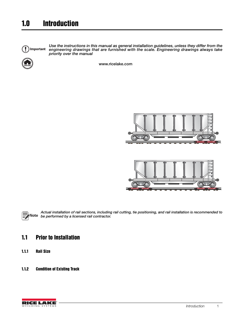 0 introduction, 1 prior to installation, 1 rail size | 2 condition of existing track, Introduction, Rail size, Condition of existing track | Rice Lake RailBoss Rail Scales - Installation Manual User Manual | Page 5 / 22