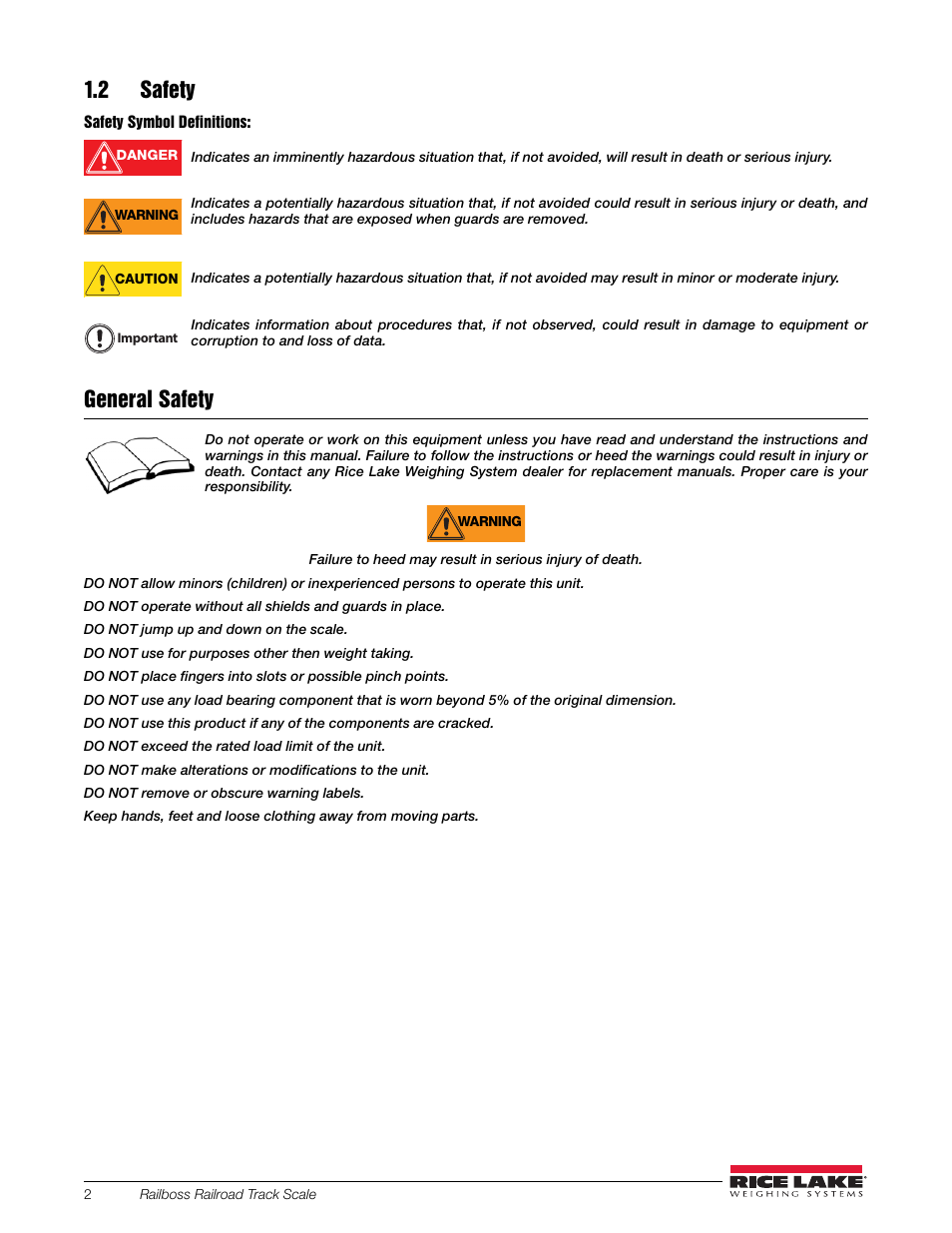 2 safety, General safety | Rice Lake RailBoss Rail Scales - Installation Manual User Manual | Page 6 / 22