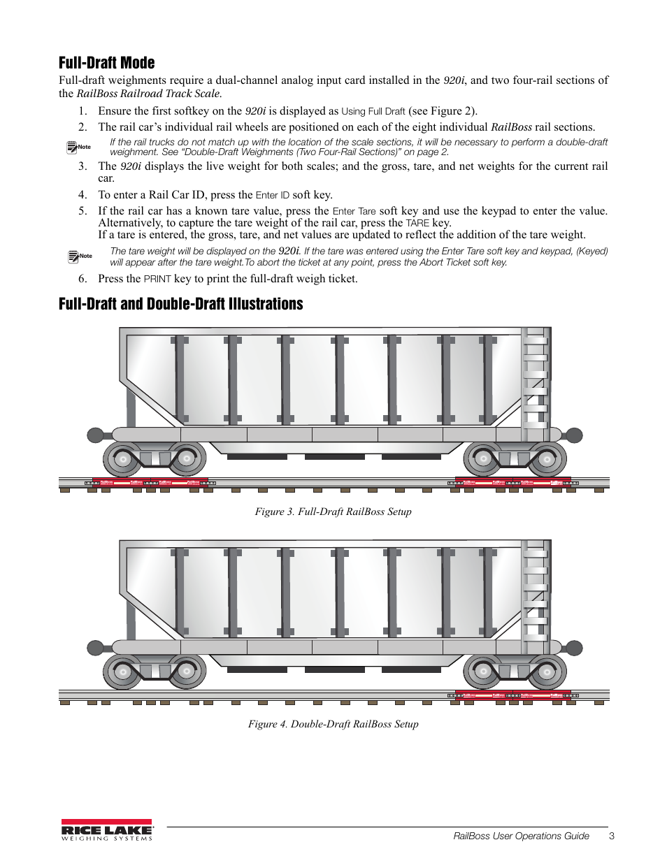 Full-draft mode, Full-draft and double-draft illustrations, Ensure the first softkey on the | Is displayed as, Press the, Key to print the full-draft weigh ticket | Rice Lake RailBoss Rail Scales - User Operations Guide User Manual | Page 3 / 3