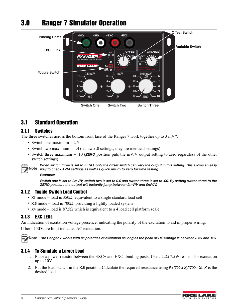 0 ranger 7 simulator operation, 1 standard operation, 1 switches | 2 toggle switch load control, 3 exc leds, 4 to simulate a larger load, Ranger 7 simulator operation, Switches, Toggle switch load control, To simulate a larger load | Rice Lake Simulators User Manual | Page 10 / 16