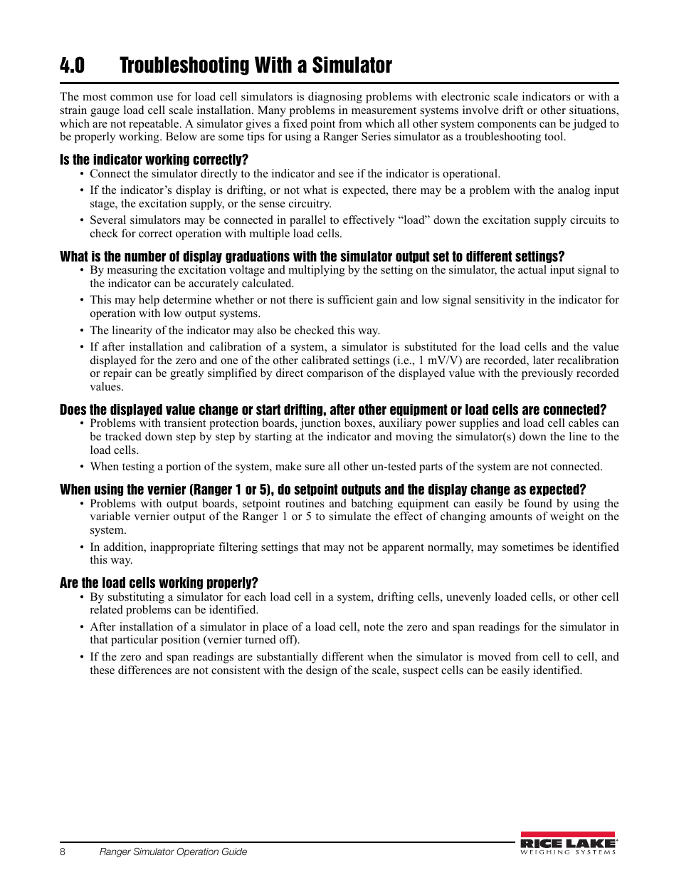 0 troubleshooting with a simulator, Troubleshooting with a simulator | Rice Lake Simulators User Manual | Page 12 / 16