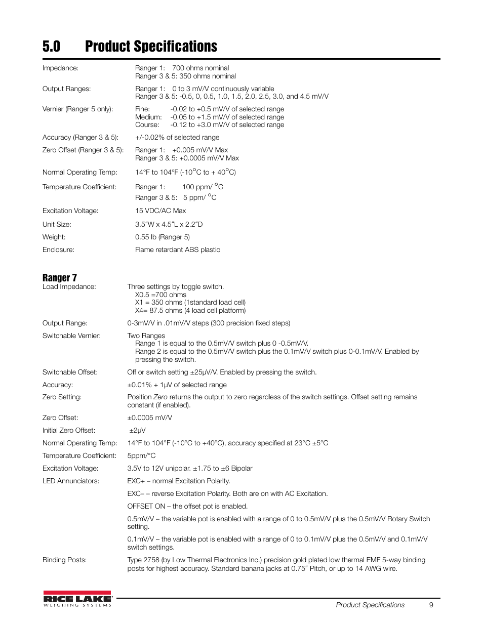 0 product specifications, Product specifications, Ranger 7 | Rice Lake Simulators User Manual | Page 13 / 16