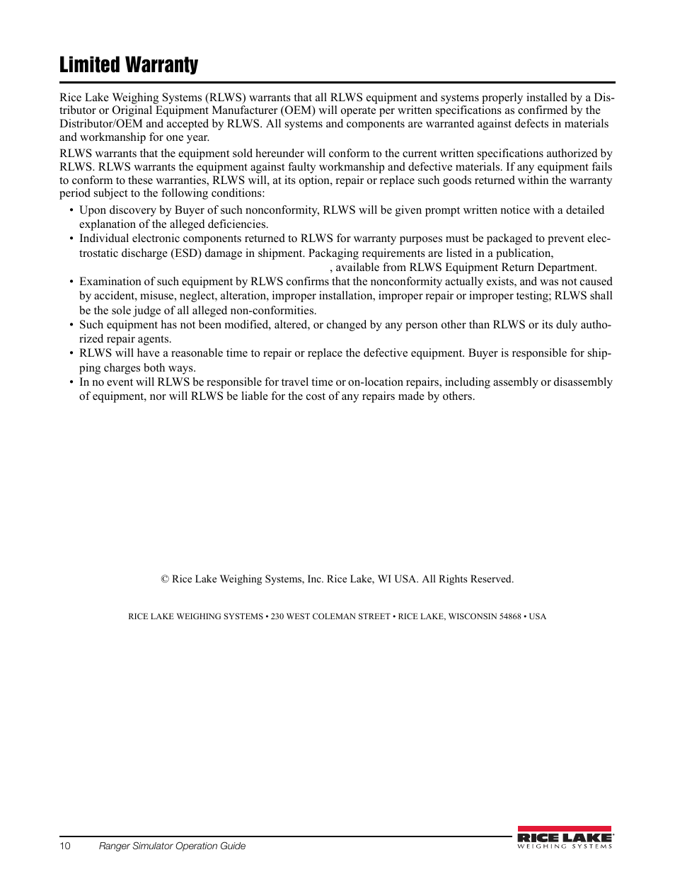 Limited warranty | Rice Lake Simulators User Manual | Page 14 / 16