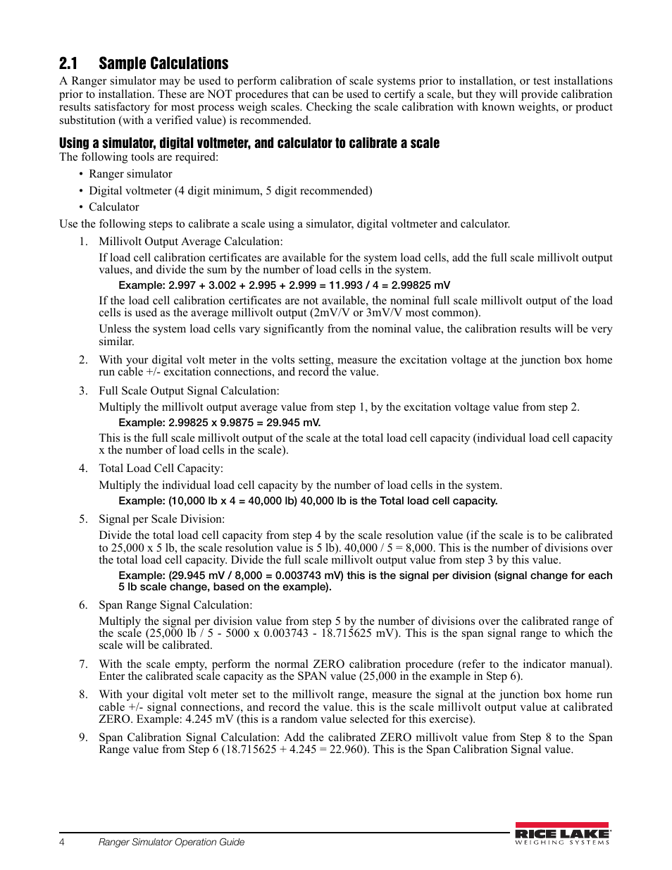 1 sample calculations | Rice Lake Simulators User Manual | Page 8 / 16