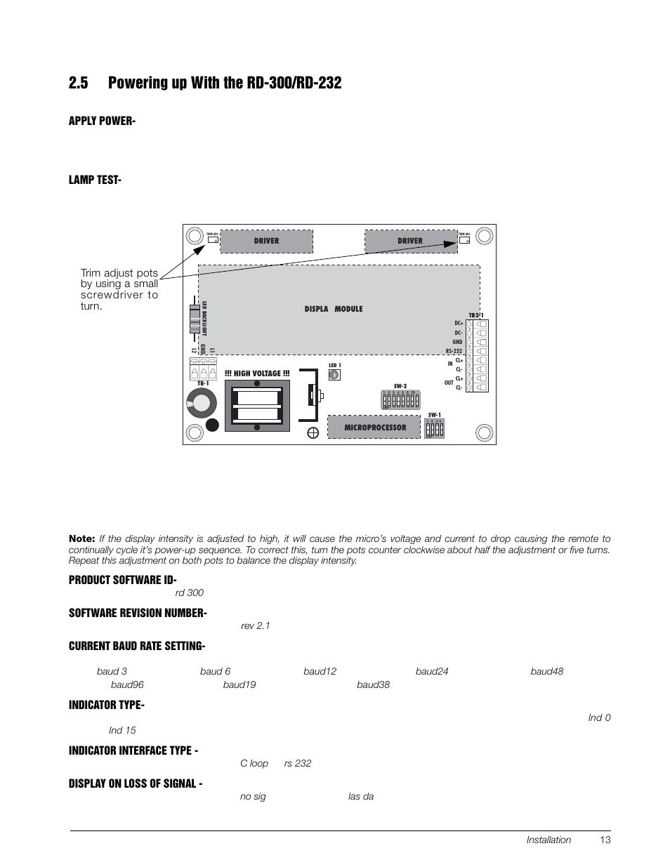 The unit should show, Next the software revision number, Is displayed | For 300 baud, For 600 baud, For 1200 baud, For 2400 baud, For 4800 baud, or, For 9600 baud, Through | Rice Lake RD-300 Remote Display User Manual | Page 15 / 22