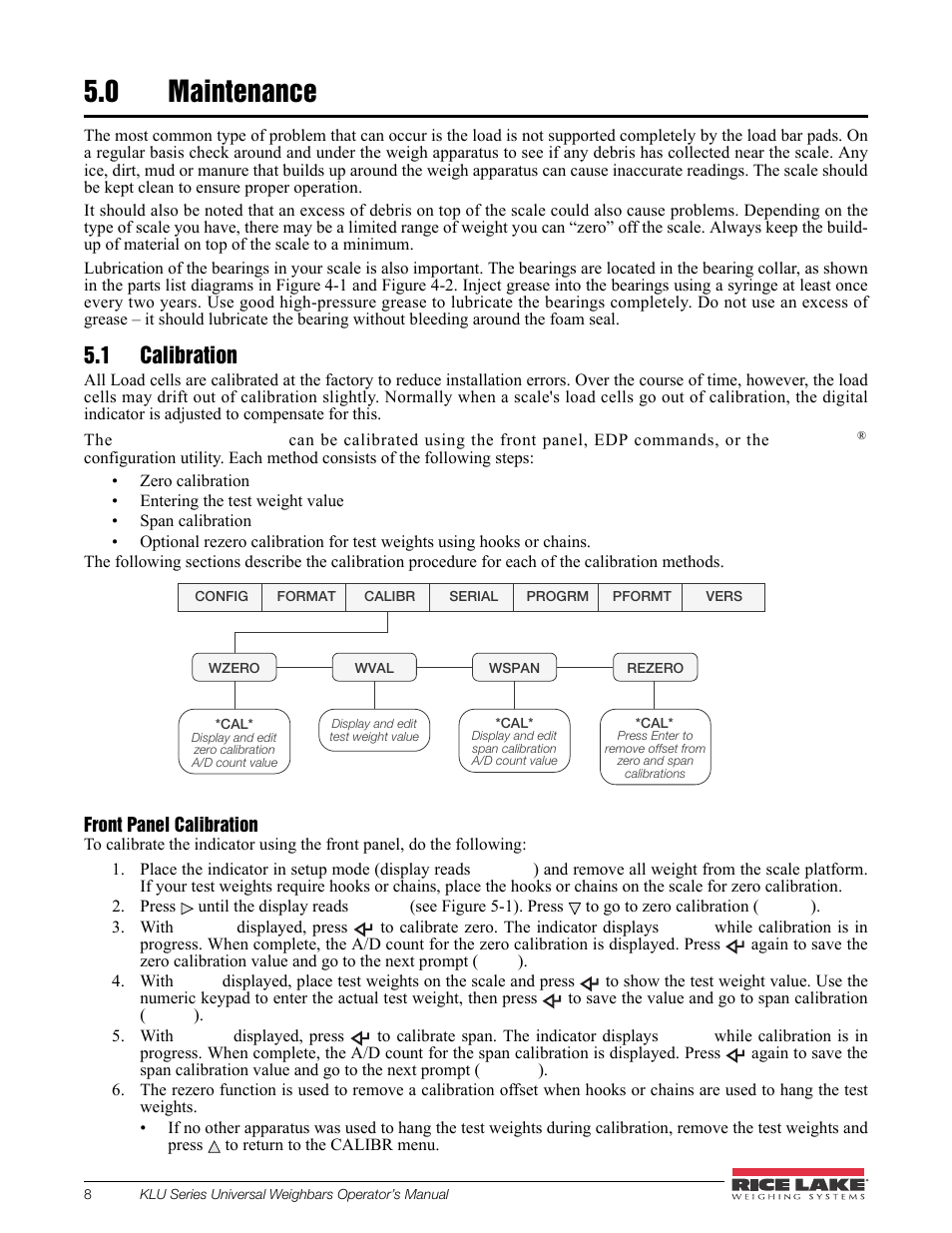 0 maintenance, 1 calibration, Maintenance | Rice Lake Farm Bars - KLU Series Universal Weighbars User Manual | Page 12 / 22