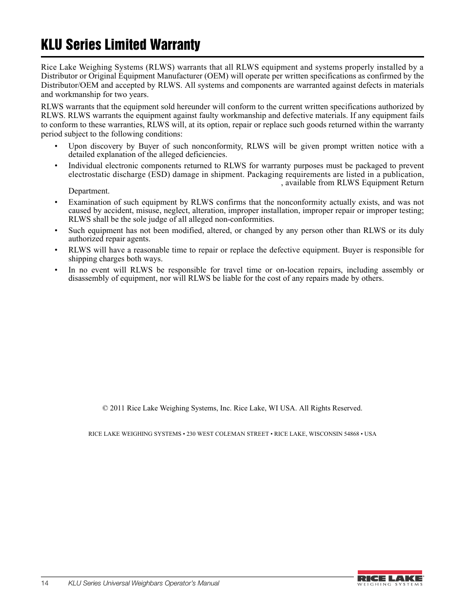 Klu series limited warranty | Rice Lake Farm Bars - KLU Series Universal Weighbars User Manual | Page 18 / 22