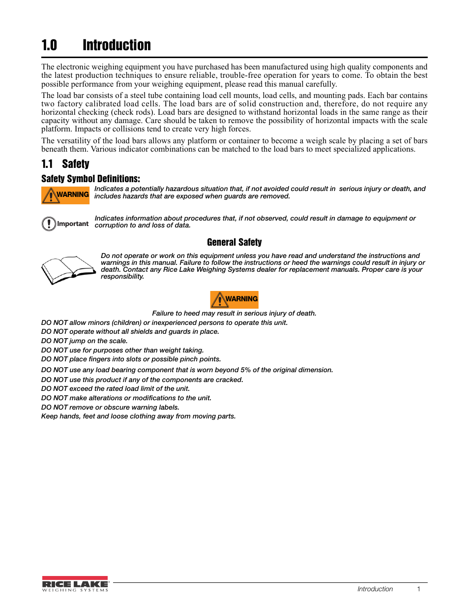 0 introduction, 1 safety, Introduction | Rice Lake Farm Bars - KLU Series Universal Weighbars User Manual | Page 5 / 22