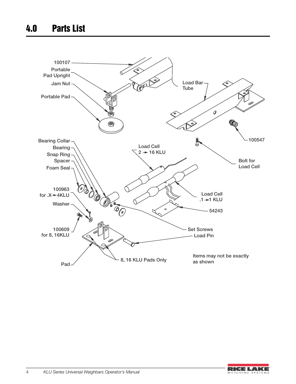 0 parts list, Parts list | Rice Lake Farm Bars - KLU Series Universal Weighbars User Manual | Page 8 / 22