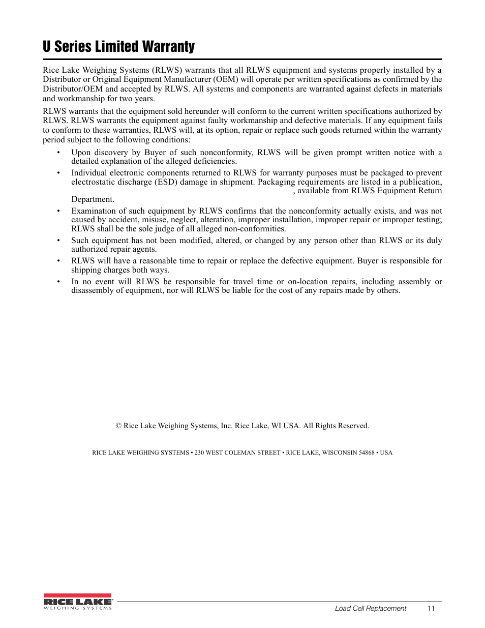 U series limited warranty | Rice Lake Farm Bars - U Series Universal Weighbars User Manual | Page 15 / 18