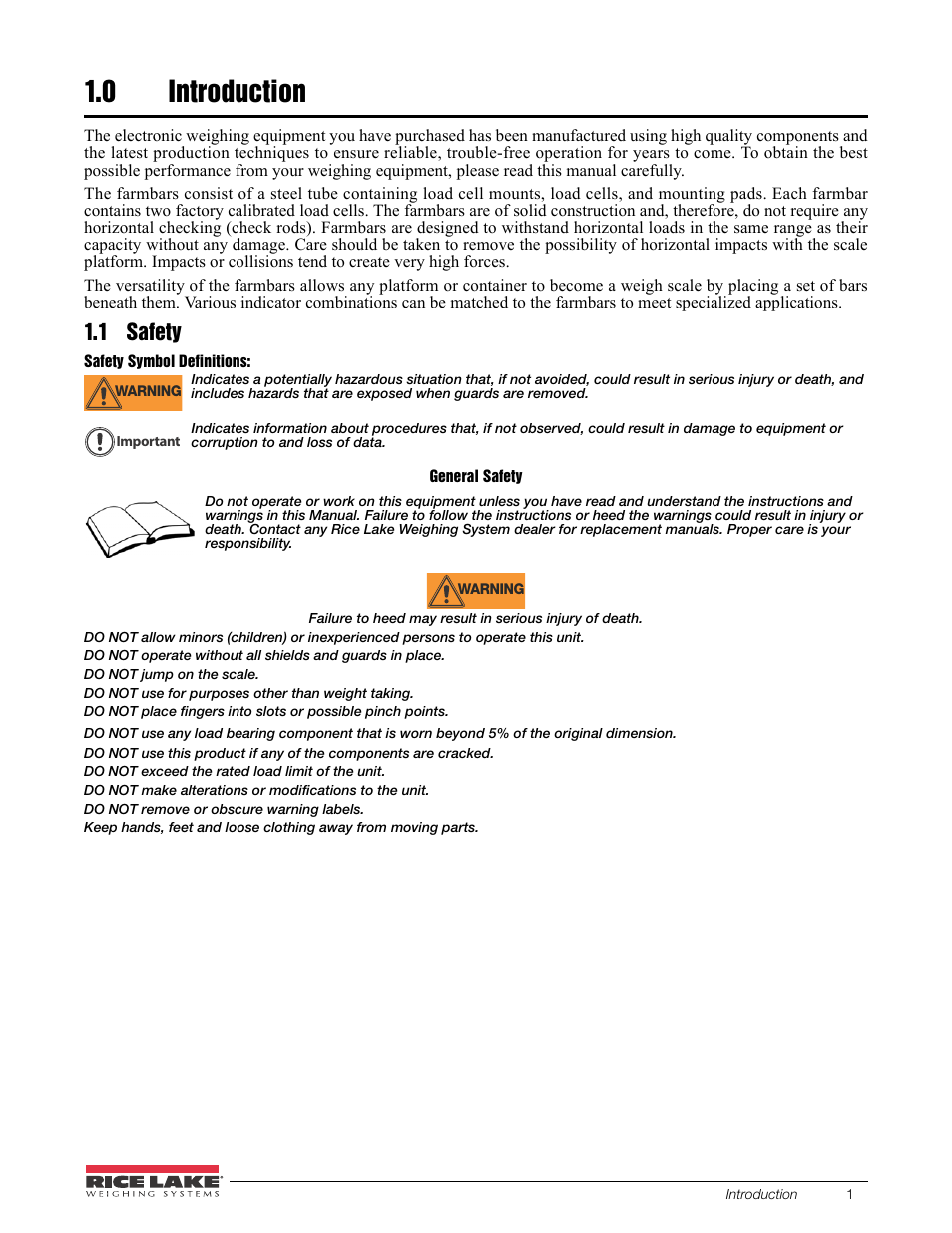 0 introduction, 1 safety, Introduction | Rice Lake Farm Bars - U Series Universal Weighbars User Manual | Page 5 / 18