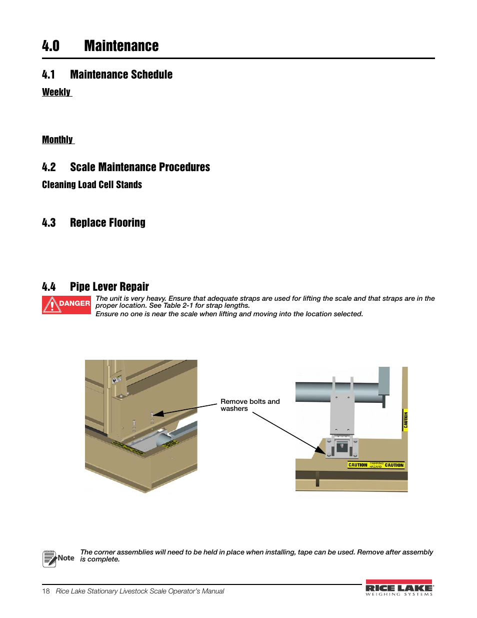 0 maintenance, 1 maintenance schedule, 2 scale maintenance procedures | 3 replace flooring, 4 pipe lever repair, Maintenance | Rice Lake Mechanical Stationary Animal Scale - MAS-LM User Manual | Page 22 / 30