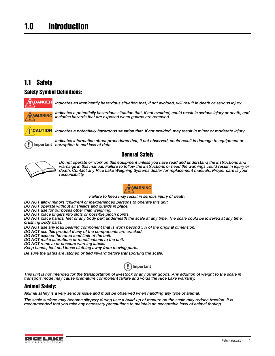 0 introduction, 1 safety, Introduction | Rice Lake Mechanical Stationary Animal Scale - MAS-LM User Manual | Page 5 / 30