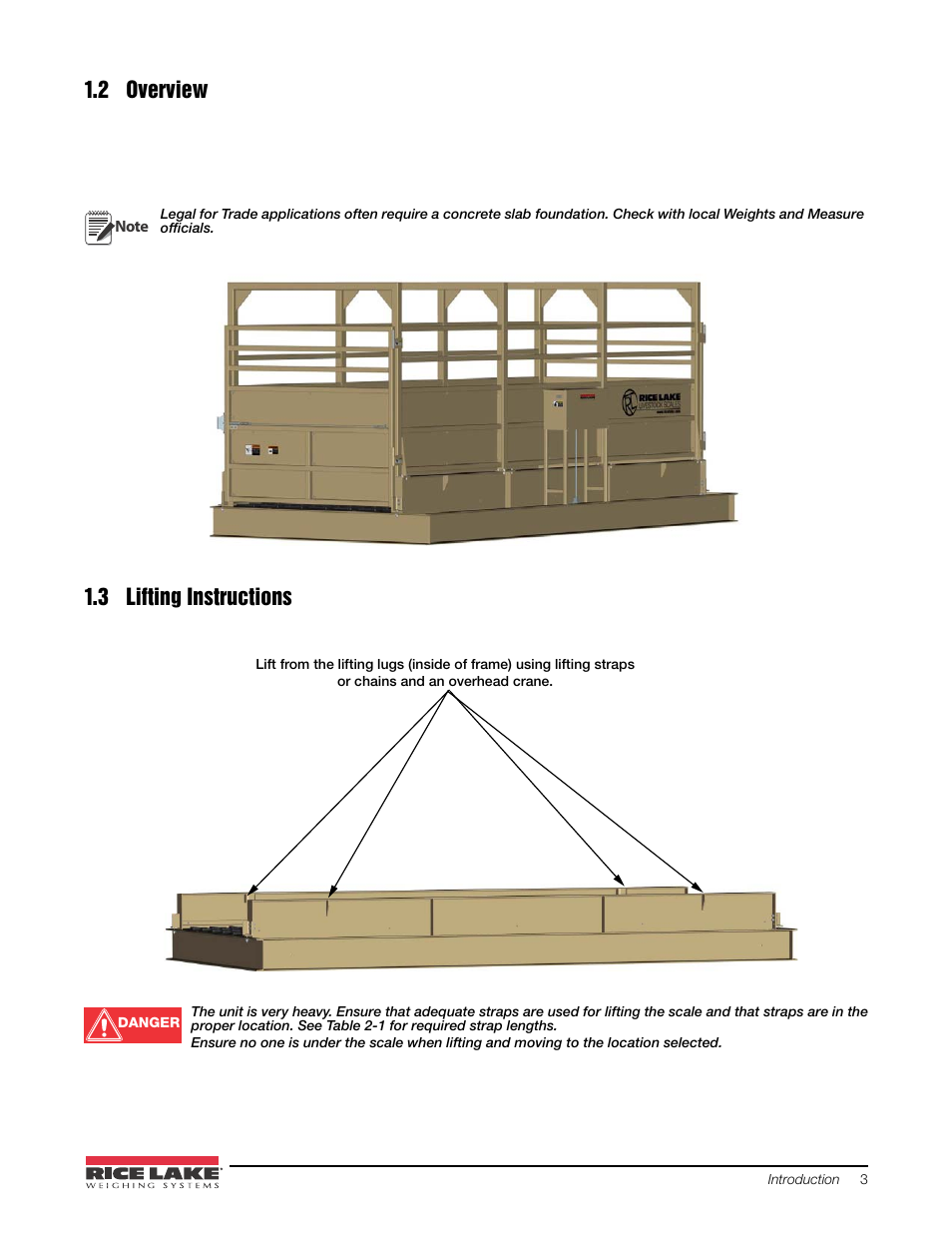 2 overview, 3 lifting instructions, 2 overview 1.3 lifting instructions | Rice Lake Mechanical Stationary Animal Scale - MAS-LM User Manual | Page 7 / 30