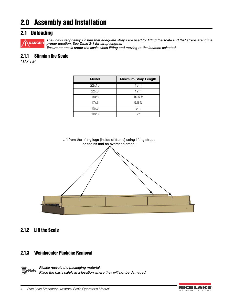 0 assembly and installation, 1 unloading, 1 slinging the scale | 2 lift the scale, 3 weighcenter package removal, Assembly and installation, Slinging the scale, Lift the scale, Weighcenter package removal, Table 2-1 | Rice Lake Mechanical Stationary Animal Scale - MAS-LM User Manual | Page 8 / 30