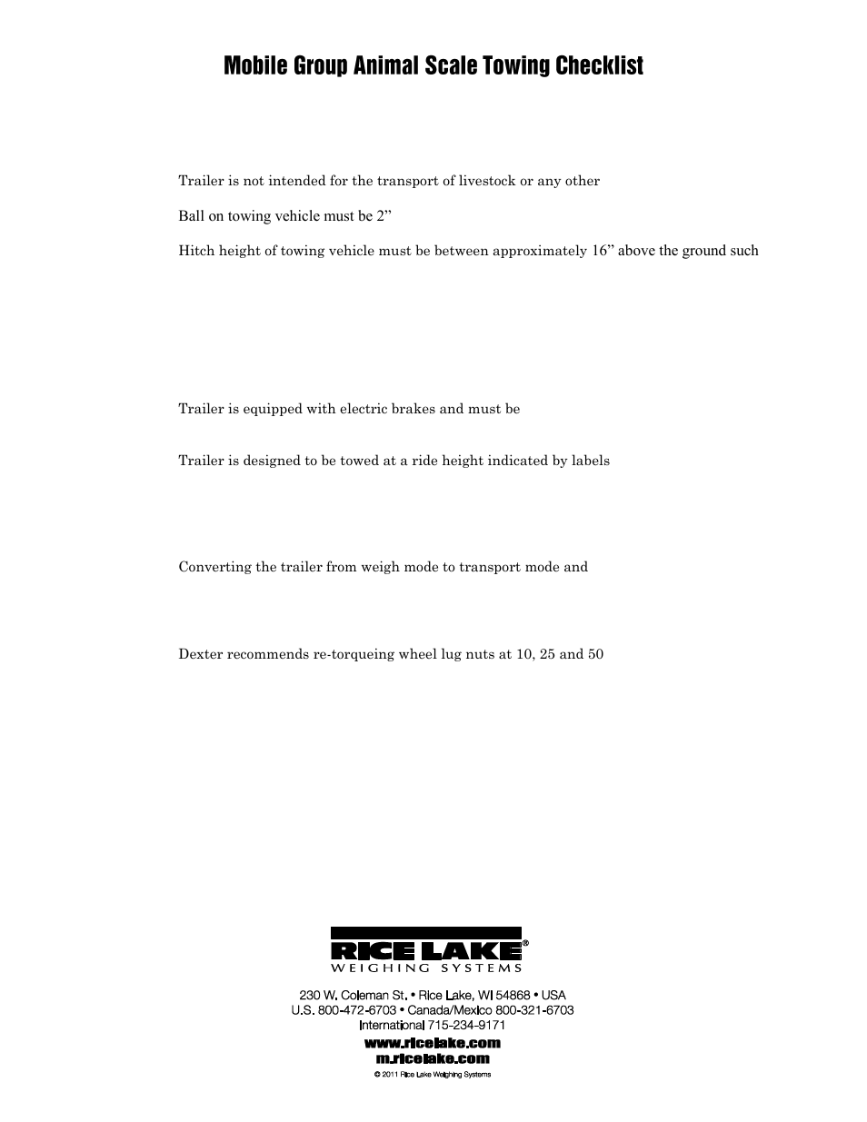 Rice Lake Mobile Group Animal Scale - MAS-M - Towing Checklist User Manual | 1 page