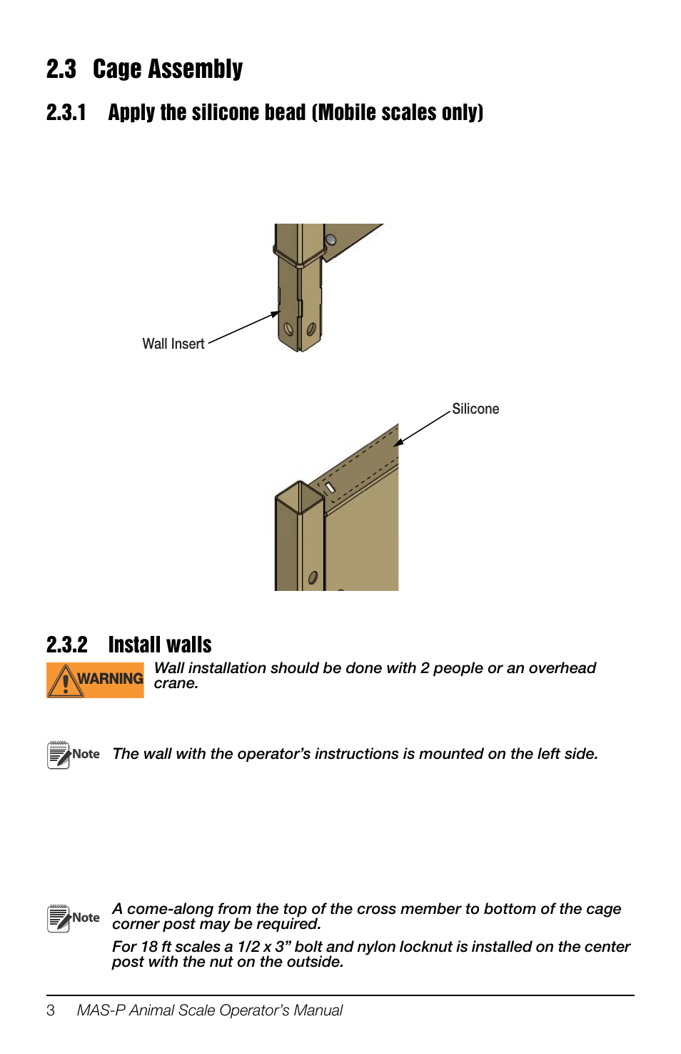 3 cage assembly, 1 apply the silicone bead (mobile scales only), 2 install walls | Apply the silicone bead (mobile scales only), Install walls | Rice Lake Portable Group Animal Scale - MAS-P - Operators Manual User Manual | Page 14 / 36