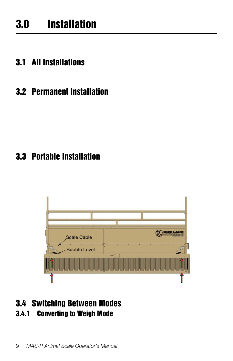 0 installation, 1 all installations, 2 permanent installation | 3 portable installation, 4 switching between modes, 1 converting to weigh mode, Installation, Converting to weigh mode | Rice Lake Portable Group Animal Scale - MAS-P - Operators Manual User Manual | Page 20 / 36