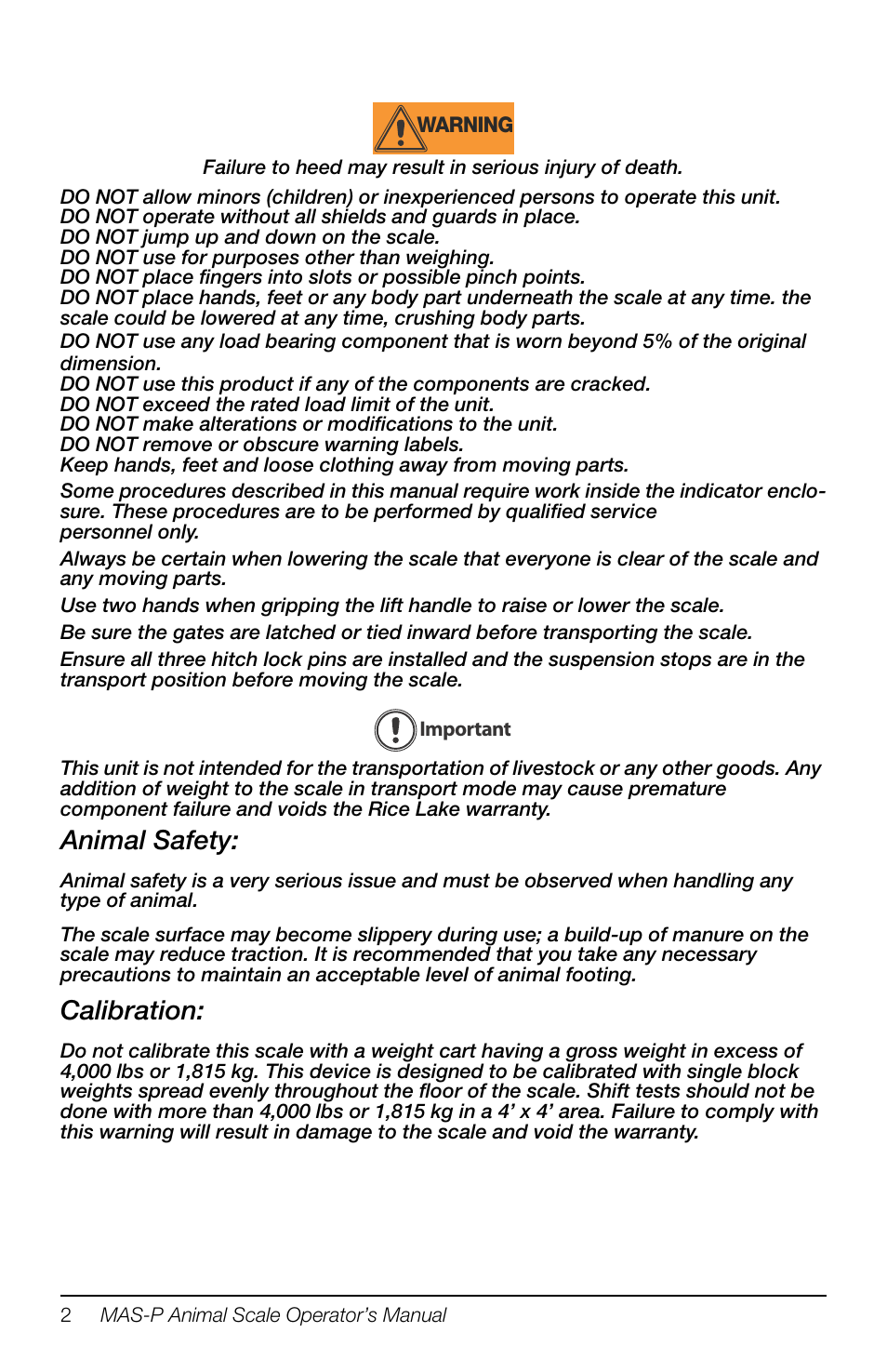 Animal safety, Calibration | Rice Lake Portable Group Animal Scale - MAS-P - Operators Manual User Manual | Page 6 / 36