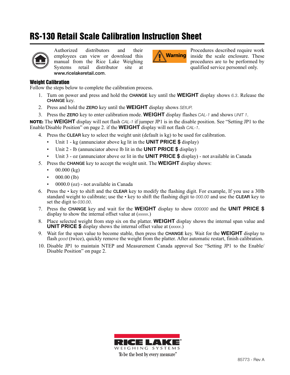 Rice Lake RS-130 - Calibration Instructions User Manual | 2 pages