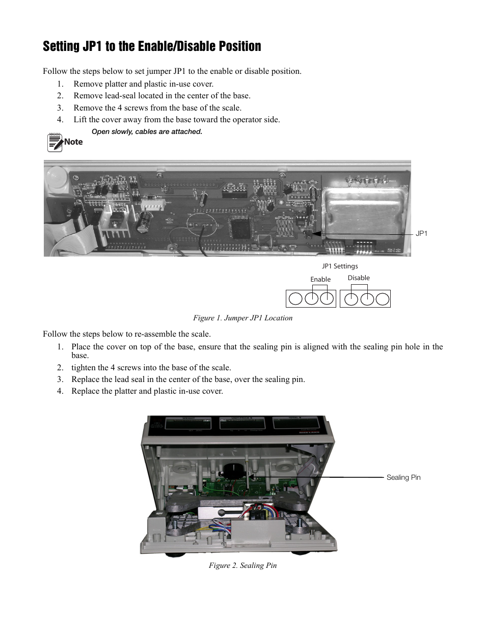 E disable position. see “setting jp1 to the, See “setting jp1 to the enable, Setting jp1 to the enable/disable position | Rice Lake RS-130 - Calibration Instructions User Manual | Page 2 / 2