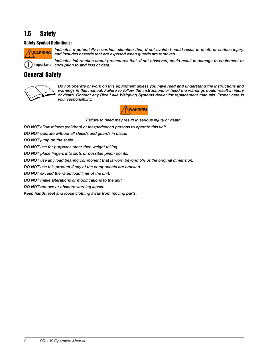 5 safety, General safety | Rice Lake RS-130 - Operation Manual User Manual | Page 6 / 13