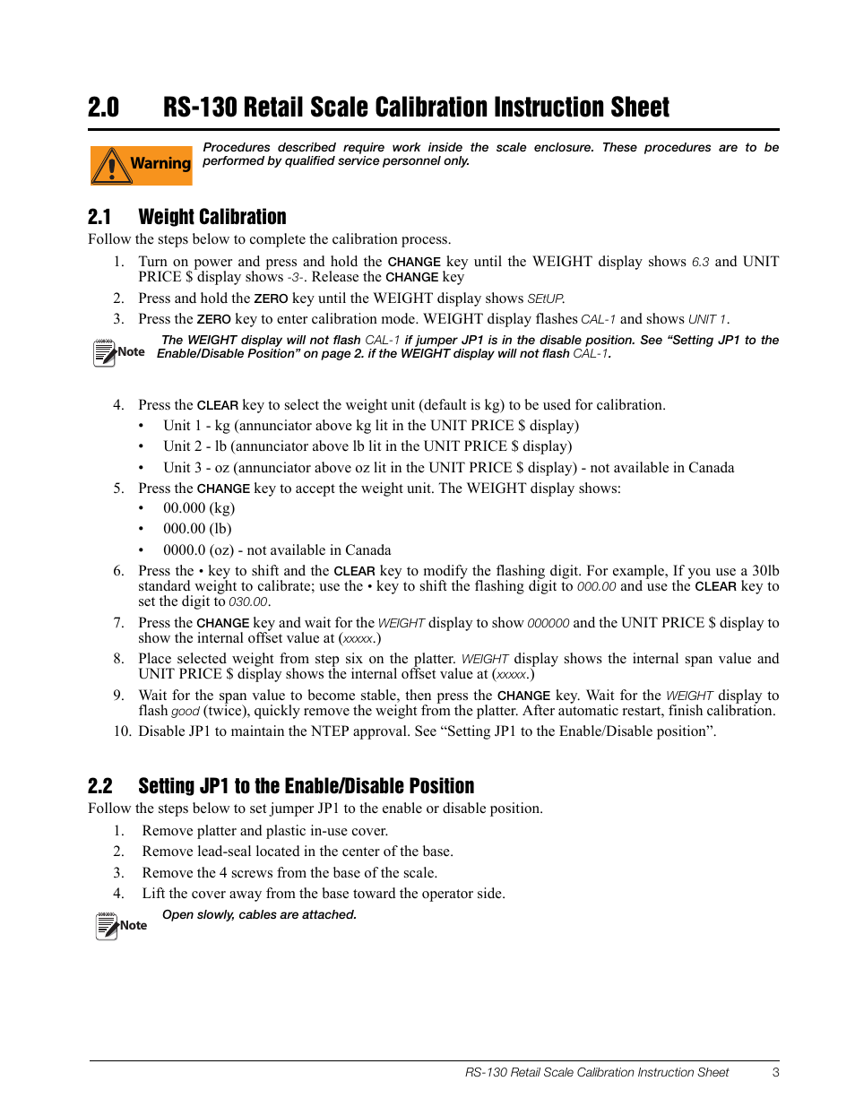 1 weight calibration, 2 setting jp1 to the enable/disable position | Rice Lake RS-130 - Operation Manual User Manual | Page 7 / 13