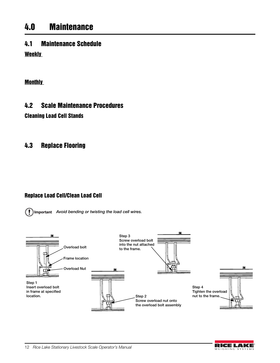 0 maintenance, 1 maintenance schedule, 2 scale maintenance procedures | 3 replace flooring, Maintenance | Rice Lake Stationary Livestock Scale - MAS-LC - Operators Manual User Manual | Page 16 / 24