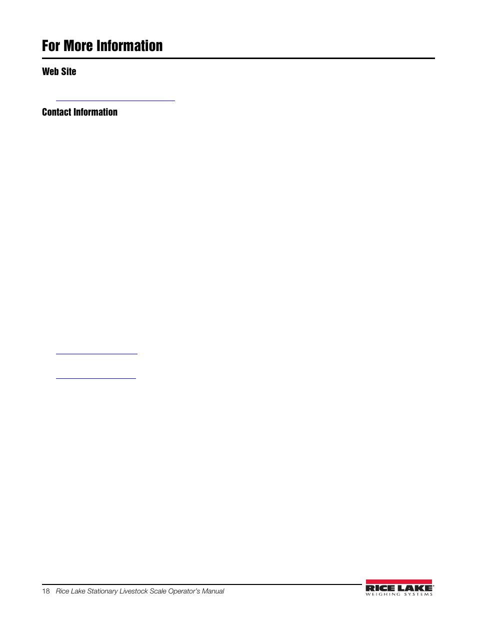 For more information | Rice Lake Stationary Livestock Scale - MAS-LC - Operators Manual User Manual | Page 22 / 24