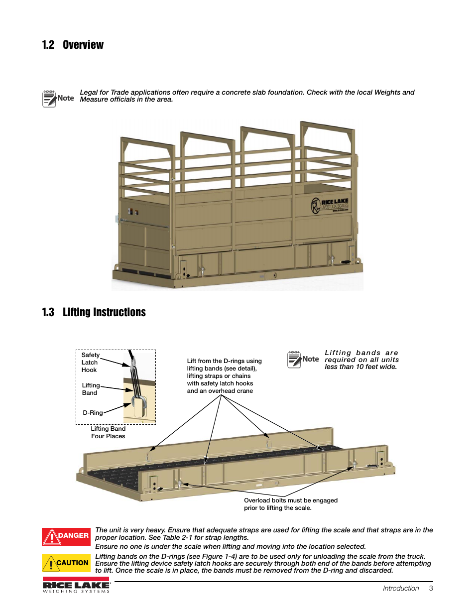 2 overview, 3 lifting instructions, 2 overview 1.3 lifting instructions | Rice Lake Stationary Livestock Scale - MAS-LC - Operators Manual User Manual | Page 7 / 24