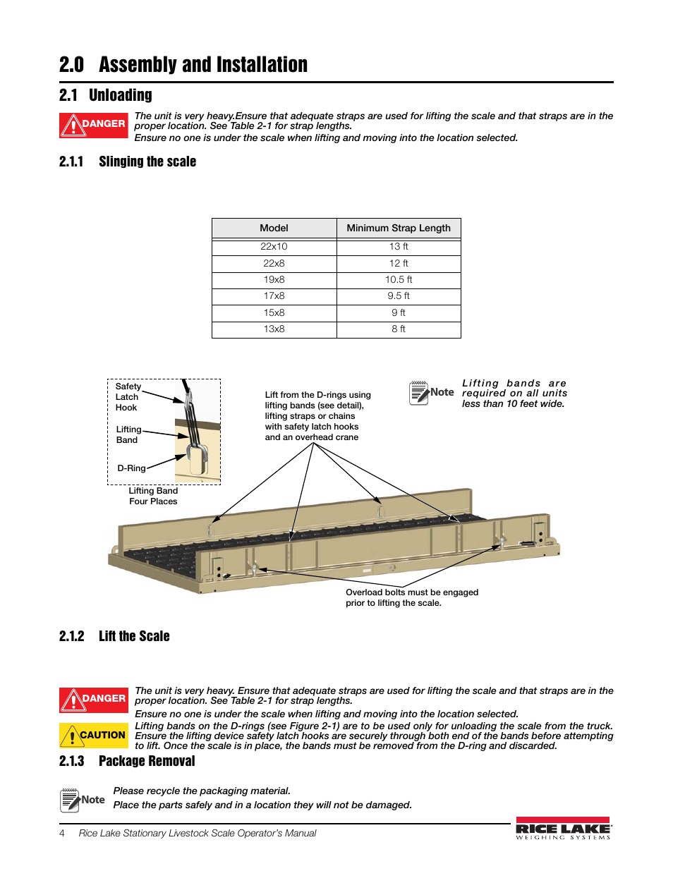0 assembly and installation, 1 unloading, 1 slinging the scale | 2 lift the scale, 3 package removal, Assembly and installation, Slinging the scale, Lift the scale, Package removal | Rice Lake Stationary Livestock Scale - MAS-LC - Operators Manual User Manual | Page 8 / 24